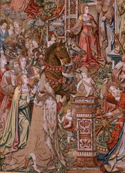 flamländsk gobeläng. Serien The Honours; Prudence (La Prudencia). Sjunde gobeläng i serien. Modelltecknare från Bernard van Orleys och Jan Gossaerts krets (Mabuse). Tillverkning Pieter van Aelst, Bryssel. Ca 1550. Tyg Guld, silver, siden och w