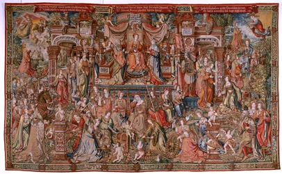 flamländsk gobeläng. Serien The Honours; Prudence (La Prudencia). Sjunde gobeläng i serien. Modelltecknare från Bernard van Orleys och Jan Gossaerts krets (Mabuse). Tillverkning Pieter van Aelst, Bryssel. Ca 1550. Tyg Guld, silver, siden och w