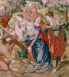flamländsk gobeläng. Serien The Passion of Christ. Fall på väg till Golgata (Caída en el camino del Calvario). Andra gobeläng i serien. Modeller Tecknaren Bernard van Orley. Tillverkning Pieter de Pannemaker, Bryssel. Ca 1518-1523. Tyg guld, silver,