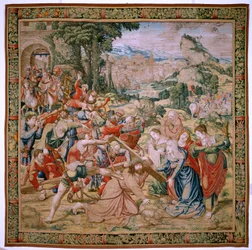 flamländsk gobeläng. Serien The Passion of Christ. Fall på väg till Golgata (Caída en el camino del Calvario). Andra gobeläng i serien. Modeller Tecknaren Bernard van Orley. Tillverkning Pieter de Pannemaker, Bryssel. Ca 1518-1523. Tyg guld, silver,