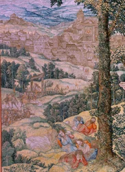 flamländsk gobeläng. Serien The passion of Christ (The square passion). Kristus på Oljeberget. Tillverkning Pieter de Pannemaeker, Bryssel. Serietecknaren Barend van Orley. Omkring 1518-1522.