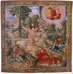 flamländsk gobeläng. Serien Kristi passion. Kristus på Oljeberget. Tillverkning Pieter de Pannemaeker, Bryssel. Serietecknaren Barend van Orley. ca 1518-1522.