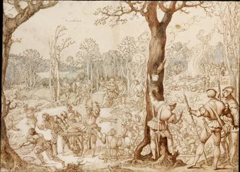 Sharing Out the Game (bankettscen i skogen, under en dag av jakt) - Verk av Bernaert van Orley (1488-1541) (Barend, Barent, Bernard van Brussel), bläck på papper (37 ,6x57,7)