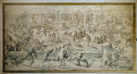 Sjätte italienska kriget (1521-1526): "" Slaget vid Pavia den 25 februari 1525, utträde från Garnisonen av Pavia och från Schweiz"" Slaget vid Pavia (Pavia) såg Francois I:s nederlag mot Karl V. Drawing av Bernard Van Horley (1488-1541) 1525 Paris