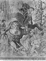 Maximilians jakt, Stenbocken, vildsvinsjakt, detalj av Maximilian I 1459-1519 Gobelinsfabriken, se även 138999 tapeter svartvitt foto