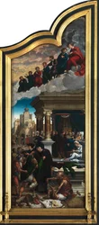 Den sista domen och de sju barmhärtighetsgärningarna (olja på panel)