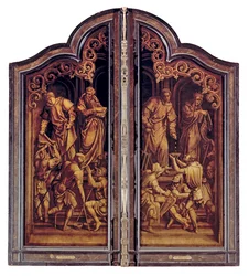 Den sista domen och barmhärtighetens sju verk, stängd (olja på panel)