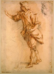 En stående figur (svart och röd krita på papper)