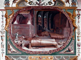 Representation av verkstaden för ett vapengjuteri. Fresk av Bernardino Barbatelli dit Poccetti (1548-1612) Florens, Uffizierna (Uffizi)