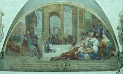 Den unge St. Anthony ber före krucifixet på torget (fresk)