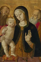Madonna och barn med två eremithelgon, tidigt 1480-tal (tempera på pannå)