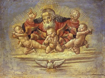 Del av ett altarstycke föreställande Gud Fadern med tre änglar, ca 1500 (tempera på trä)