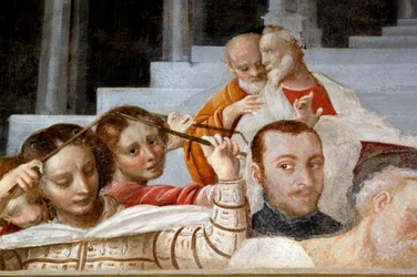 Manliga och kvinnliga figurer, detalj från Cycle of Virgin (1553), fresk av Bernardino Lanino (1512-1583), nedre sakristian i Novara Cathedral, Piemonte, Italien