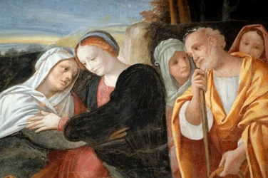 Maria med St Anne och St Joachim, detalj från Cycle of Virgin (1553), fresk av Bernardino Lanino (1512-1583), nedre sakristian i Novara Cathedral, Piemonte, Italien