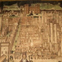 St Anthony och utsikt över Pavia, detalj från Stories of St Theodore cycle, fresker av Bernardino Lanzani (1460-1530 ca), St Theodore