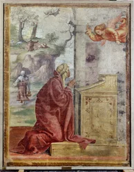 Bebådelse till Sankta Anna, i bakgrunden Sankt Joachim och ängeln