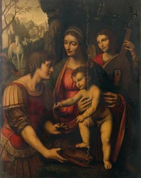 Madonna och barn med Saint George och en ängel (olja på panel)