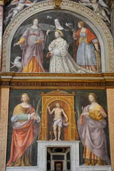 Saint Apollonia och Saint Lucy, högst upp, Ippolita Sforza omgiven av helgon och nunnor, fresk av Bernardino Luini i kyrkan Saint Maurice vid Maggiore-klostret, Milano, Lombardiet, Italien