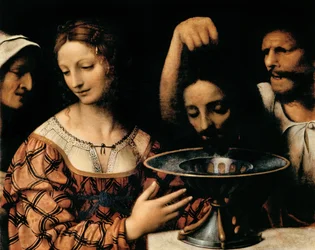 Bödeln överlämnar Johannes Döparens huvud till Herodes, 1527-31 (tempera på panel)