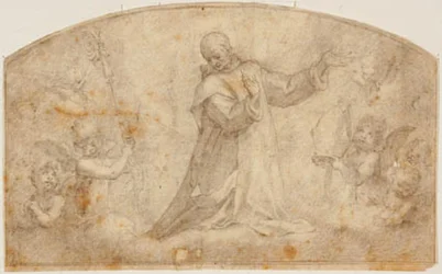 St Bruno omgiven av änglar med ett kors och en miter
