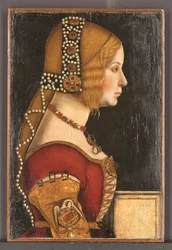 Porträtt av Isabella av Aragonien, hertiginna av Milano (1470-1524) (olja på pannå)