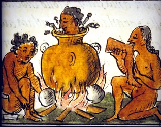 Rituell kannibalism bland aztekerna. Manuskript av Bernardino de Sahagún. 1600-talet. Detalj av COS00778.