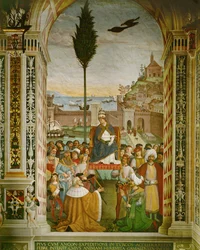 Aeneas Silvius Piccolomini, påven Pius II i hamnen i Ancona, Italien, där han dog i väntan på att korsfararna skulle samlas (freske)