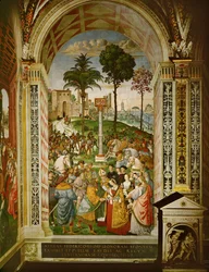 Aeneas Silvius Piccolomini, dåvarande biskop av Siena, presenterar kejsar Friedrich III för sin brud Eleonora av Portugal (fresk)