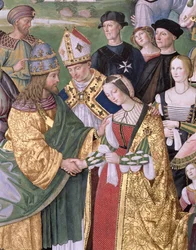 Aeneas Sylvius Piccolomini (1405-64) presenterar Eleonora av Aragon för Fredrik III (1415-93)