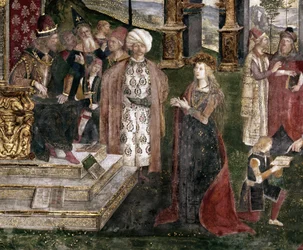 Detalj av den heliga Katarina av Alexandrias disput med filosofen inför den romerske kejsaren Maxentius