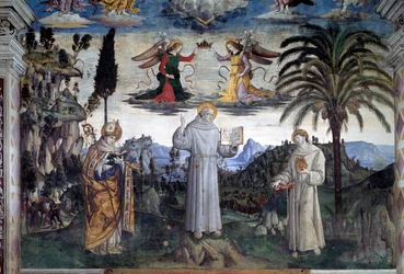 Bernardinos ära av Siena. Detalj av helgonet mellan Sankt Ludvig av Anjou och Sankt Antonius av Padua (Fresco, ca 1486)