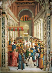Italien, Siena, katedralen, Piccolomini-biblioteket, Kröningen av påve Pius II, detalj ur Berättelser om Pius II
