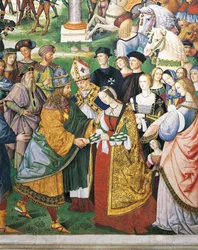 Italien, Siena, katedralen, Piccolomini-biblioteket, Enea Silvio Piccolomini, biskop av Siena, närvarar vid kröningen av Fredrik III och Eleonora av Aragonien, detalj ur Berättelser om Pius II