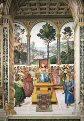 Italien, Siena, katedralen, Piccolomini bibliotek, Enea Silvio Piccolomini håller tal inför kung James I av Skottland, detalj från Stories of Pius II