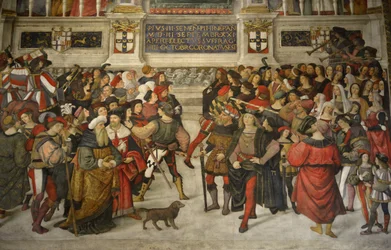 Italien, Toscana, Siena, katedralen, Duomo: Kröningen av Pius II (1405-1464)
