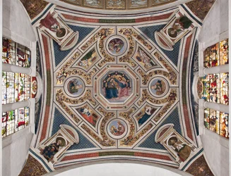 ”Jungfruns kröning”, ”De fyra evangelisterna”, ”Sibyllorna” och ”Kyrkolärarna”. Korets valv, 1508-1510. Basilica di Santa Maria del Popolo (Santa Maria del Popolo-kyrkan)