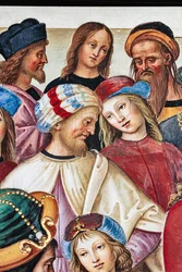 Piccolomini-biblioteket, nordöstra väggen: "Aeneas Sylvius håller en tal inför kung James I av Skottland, vintern 1435"