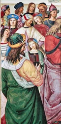 Piccolomini-biblioteket, nordöstra väggen: "Aeneas Sylvius håller en tal inför kung James I av Skottland, vintern 1435"