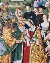 Piccolominibiblioteket, sydöstra väggen: "Aeneas Sylvius presenterar Eleonora av Aragona för Fredrik III, 24 februari