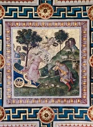 Piccolomini-biblioteket, taket: "Våldtäkten av Proserpina", fresk av Bernardino di Betto, känd som Pinturicchio. I panelen rusar Pluto iväg i sin vagn, Proserpine traskar runt i hans famn och en av gudinnans följeslagare hotar Pluto