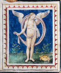 Piccolominibiblioteket, taket, panel med allegori över Providence, fresk av Bernardino di Betto, känd som Pinturicchio.