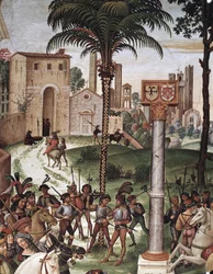 Biskop Enee Silvio Piccolomini (Pius II)) presenterar Eleonora av Aragon till kejsar Fredrik III av det heliga riket. Detalj - fräsch