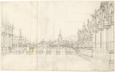 En Capriccio av palats och en loggia som vetter mot en klassisk bro