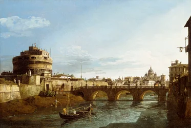 En utsikt över Rom som ser västerut, med båtar längs Tibern och Castel Saint"Angelo i fjärran,