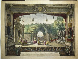 Baletten Den ädelmodige turken ur Jean-Philippe Rameaus De galanta Indierna - på Burgtheater i Wien av Bernardo Bellotto (Bellotti) (1720-1780)