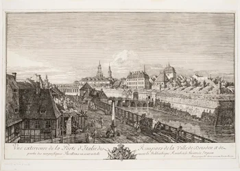 Exteriör vy av den italienska porten av vallarna i staden Dresden
