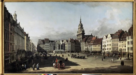 ""Den gamla marknadsplatsen i Dresden"" (Den gamla marknadsplatsen i Dresden) Målning av Bernardo Bellotto (1720-1780) 1750-1752 Pushkin-museet, Moskva