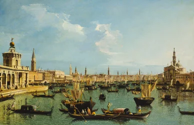 Bacino di San Marco, Venedig, från Giudecca-kanalen med Dogana, Molo, Riva degli Schiavoni, kyrkan San Giorgio Maggiore och många båtar,