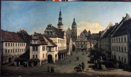 ""marknadsplatsen i Pirne, Tyskland"" (Marknaden i Pirna) Målning av Bernardo Bellotto (1720-1780) 1752-1755 Moskva, Pushkin-museet