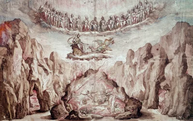 Projekt för inredning och maskineri av en mellanprodukt, Le Tromphe de Circe. Teckning av Bernardo Buontalenti dit delle Girandole (ca 1523-1608) sön 0,46x0,72 m. Paris, Louvren